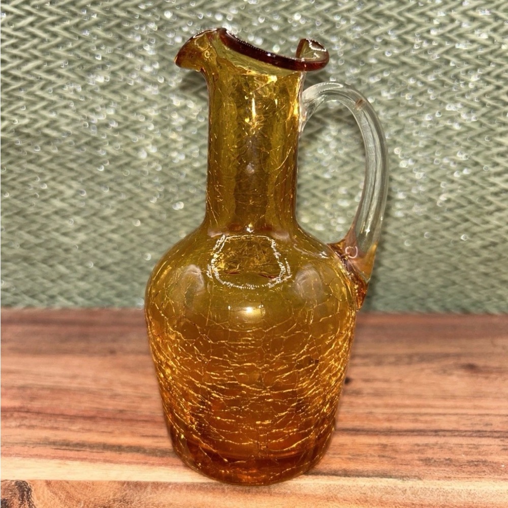 Vintage Hand Blown Pilgrim Amber Crackle Glass Mini Cruet Pitcher Creamer